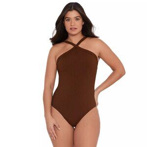 Women's S3 Swim High Neck One-Piece Swimsuit Color: Coffee Rib, Size: XL